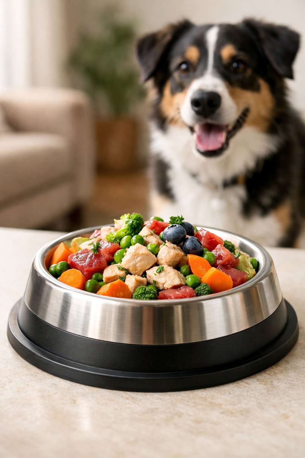 A high-quality dog food bowl filled with fresh food on a clean surface, with a happy dog approaching in the background.