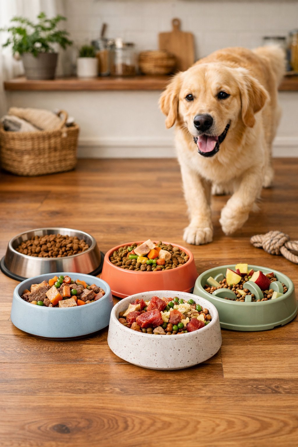 A happy dog approaching several colorful dog food bowls filled with food on a wooden floor in a kitchen.
