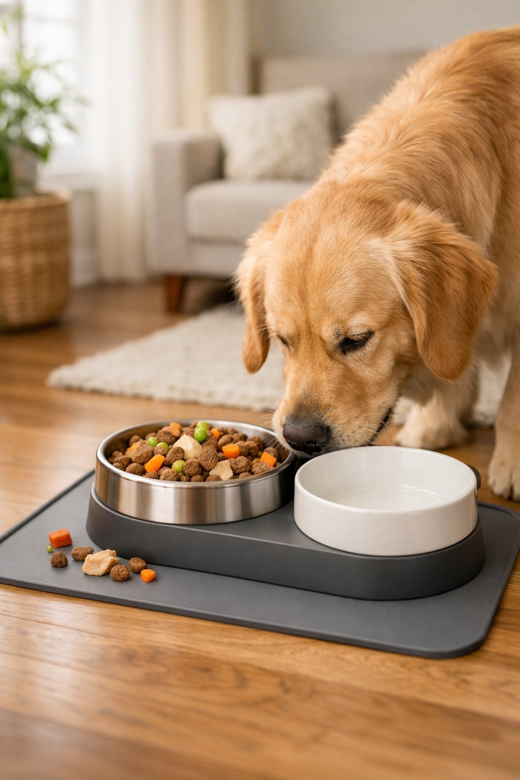 A happy dog eating from a stylish dog food bowl placed on a feeding mat in a cozy home setting with natural light.