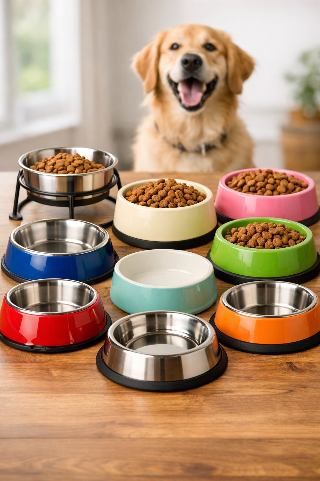 Various dog food bowls of different materials and sizes arranged on a wooden surface with a happy dog in the background.