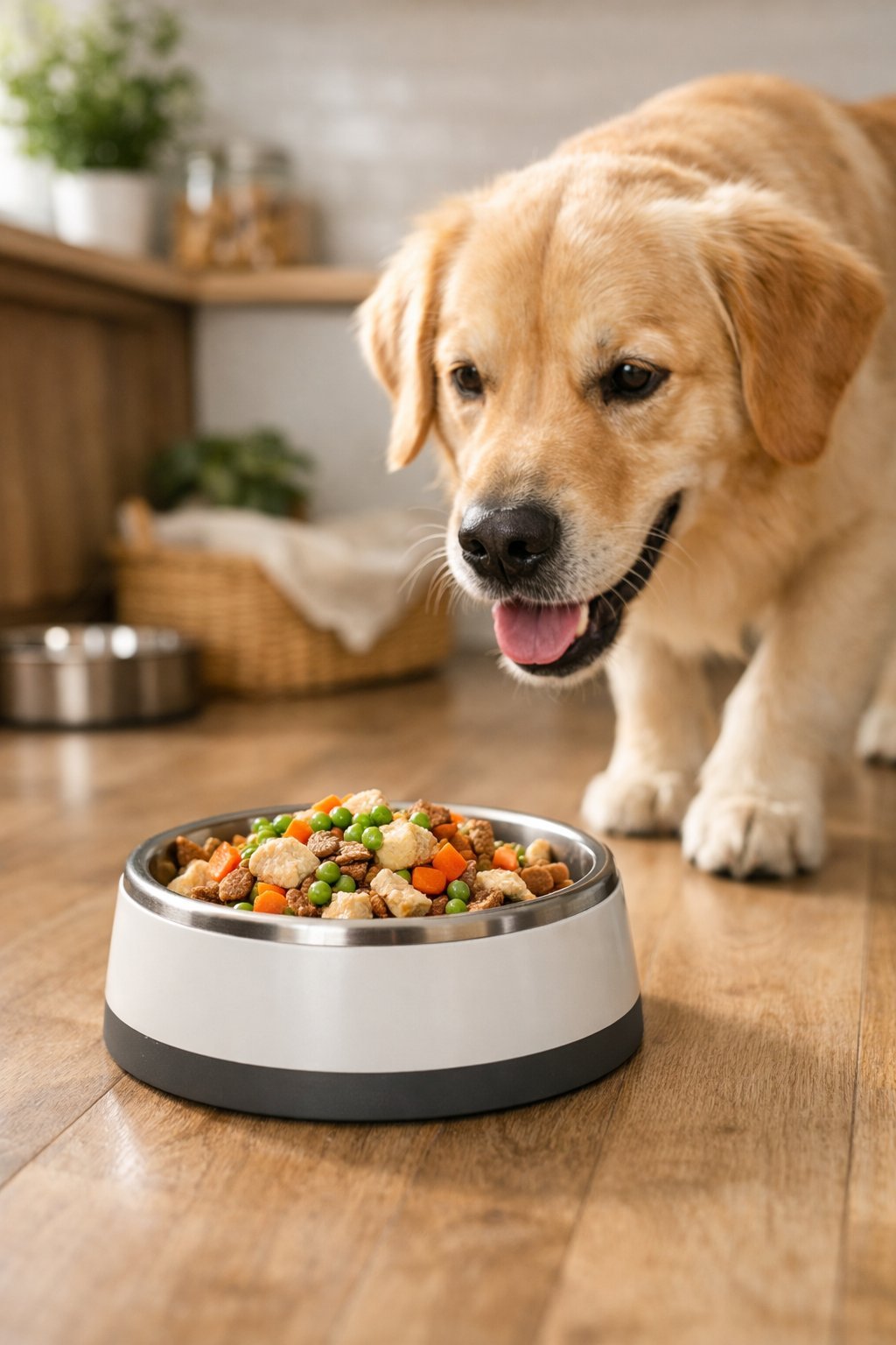 A happy dog approaching a stylish dog food bowl filled with fresh food on a wooden floor in a cozy kitchen.