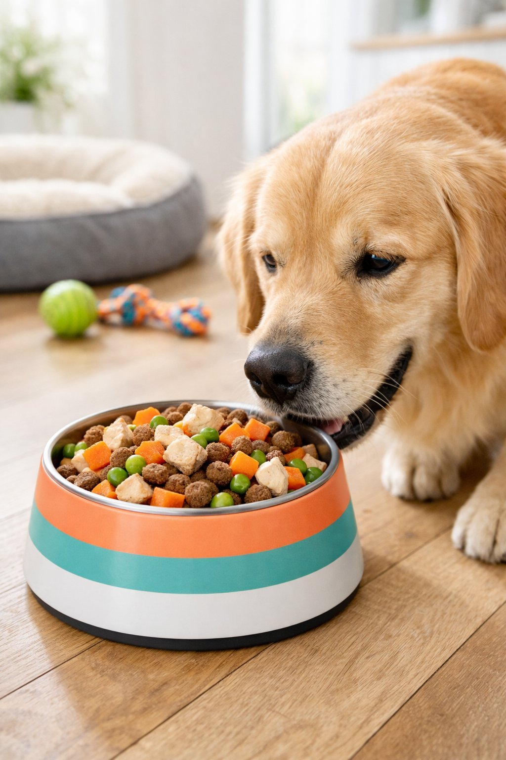 A happy dog near a colorful dog food bowl filled with food in a bright kitchen setting.