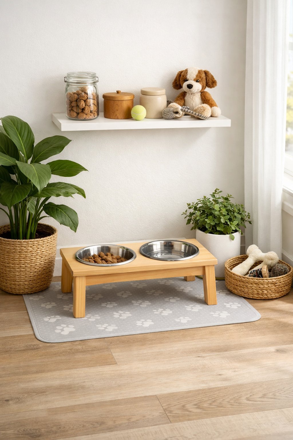 A tidy dog feeding area with two bowls on a wooden stand, a patterned mat underneath, potted plants nearby, and natural light from a window.