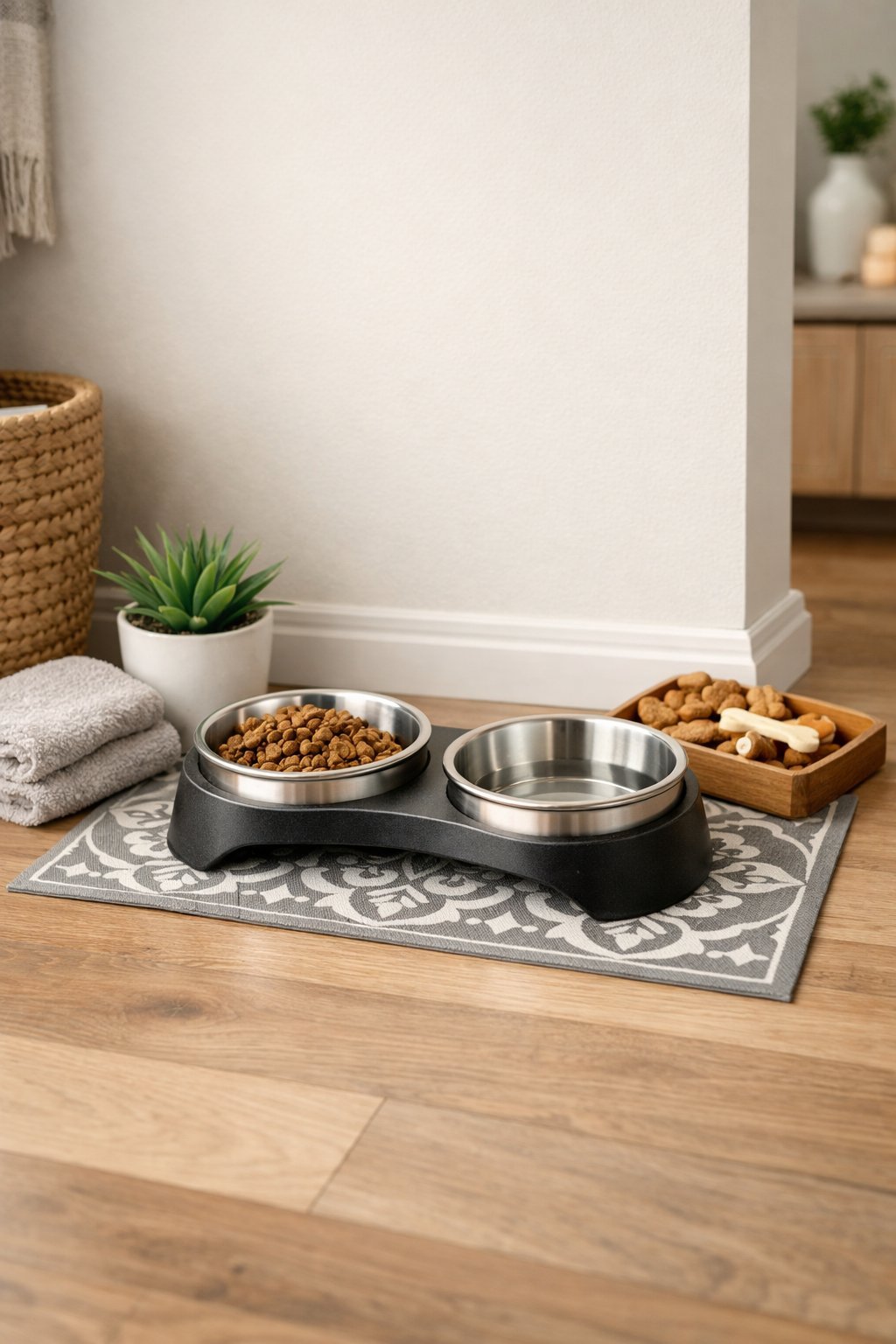 A tidy dog feeding area with two dog bowls on a mat, a small plant, and a wooden tray with treats in a clean corner of a home.