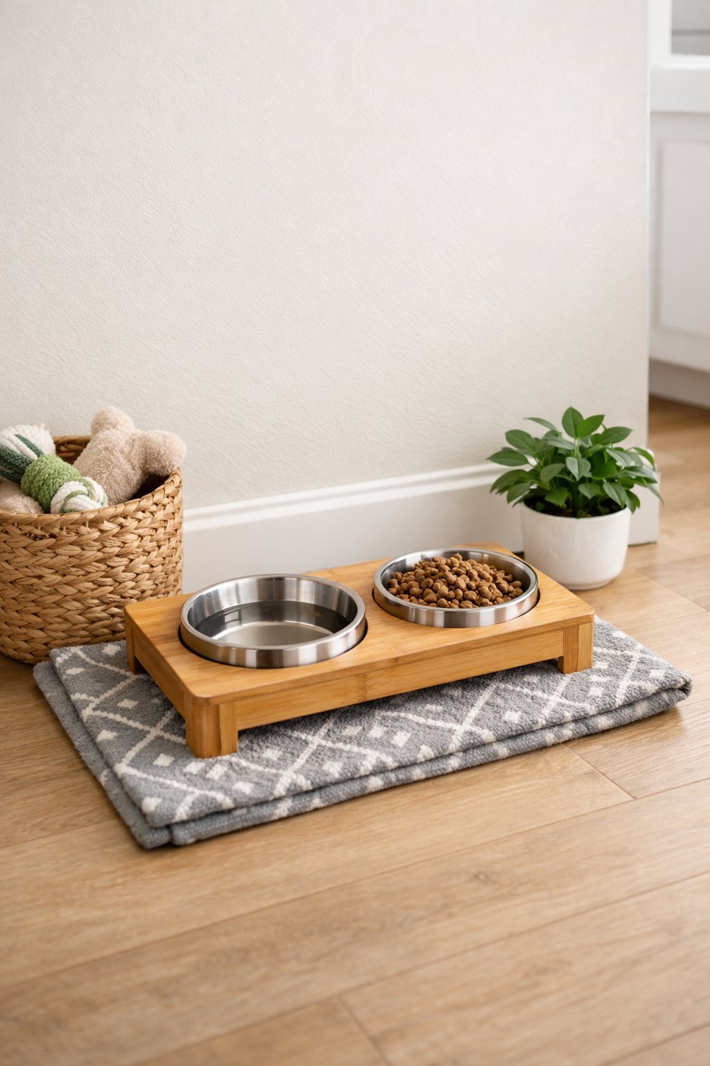 A tidy dog feeding area with two bowls on a wooden tray, a plant, and a basket on a light floor.