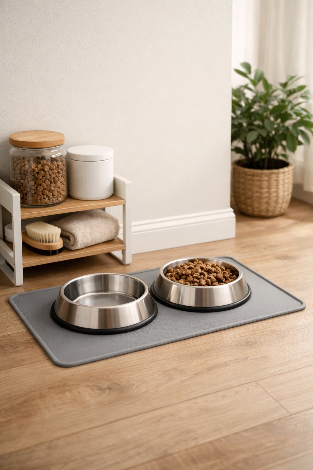 A clean and organized dog feeding corner with two stainless steel bowls on a mat, pet supplies nearby, and a potted plant in the background.