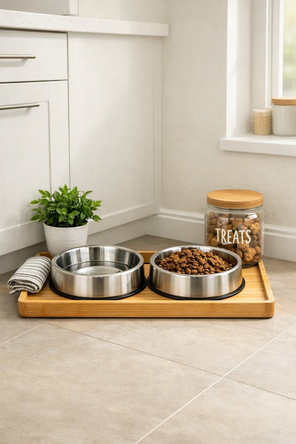 A tidy dog feeding station with two bowls on a wooden tray, a small plant, and a treat jar in a bright kitchen corner.