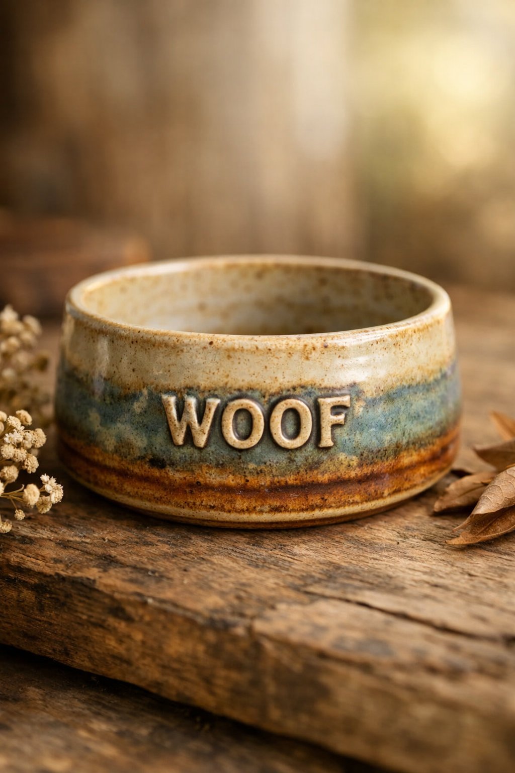 Pottery Dog Bowl: Handcrafted Feeding Dishes That Combine Beauty and Function for Your Beloved Pet A handmade pottery dog bowl on a wooden surface with natural elements around it.
