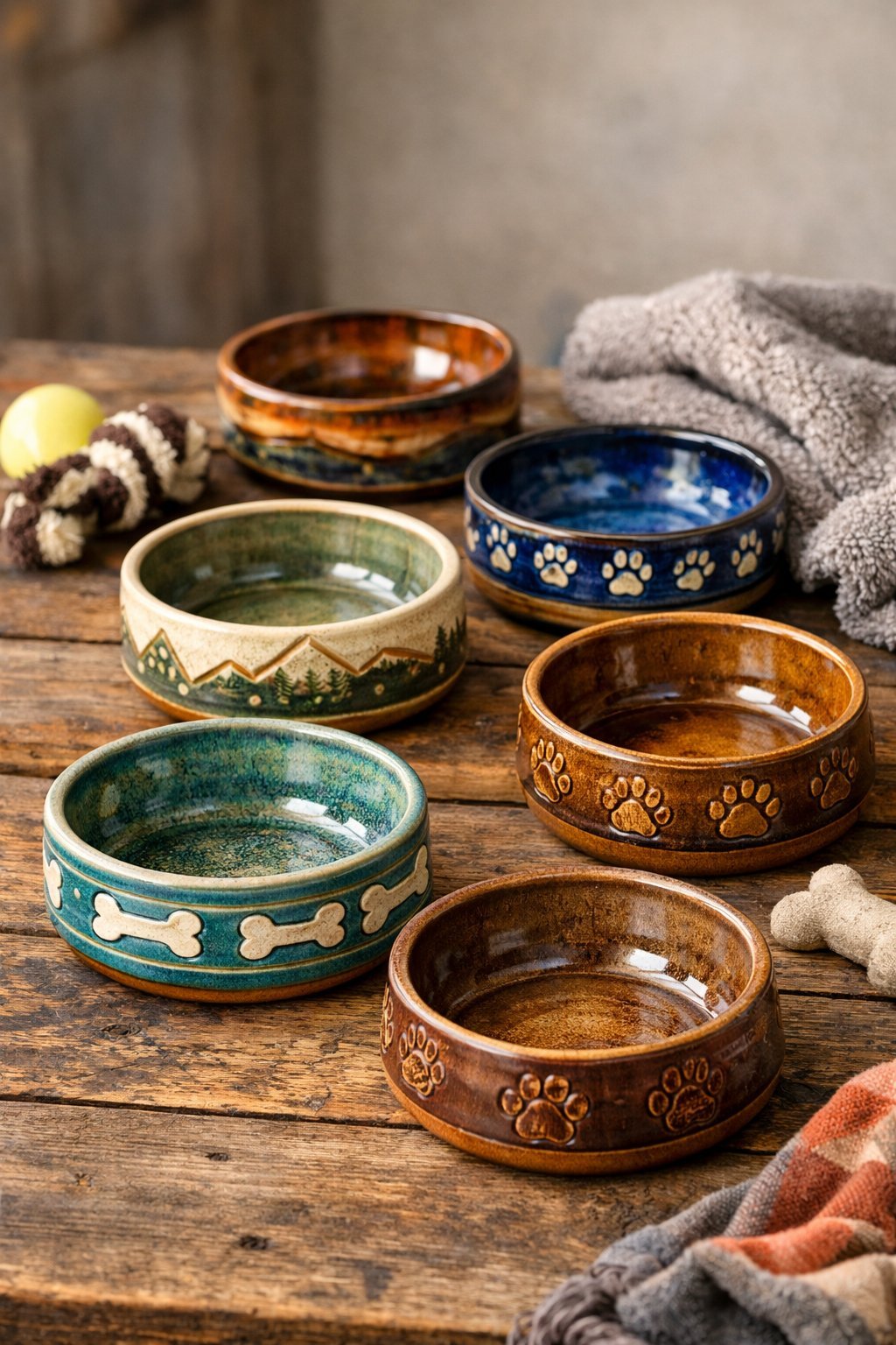Pottery Dog Bowl: Handcrafted Feeding Dishes That Combine Beauty and Function for Your Beloved Pet A collection of handmade pottery dog bowls with unique designs arranged on a wooden surface with dog toys and a pet blanket nearby.