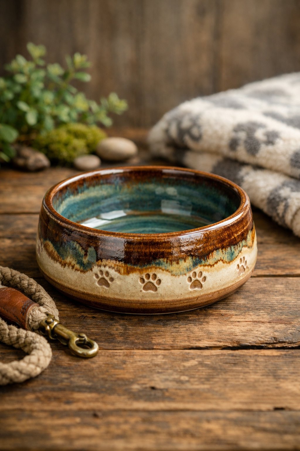 Pottery Dog Bowl: Handcrafted Feeding Dishes That Combine Beauty and Function for Your Beloved Pet A handmade pottery dog bowl on a wooden surface with plants and a dog leash nearby.