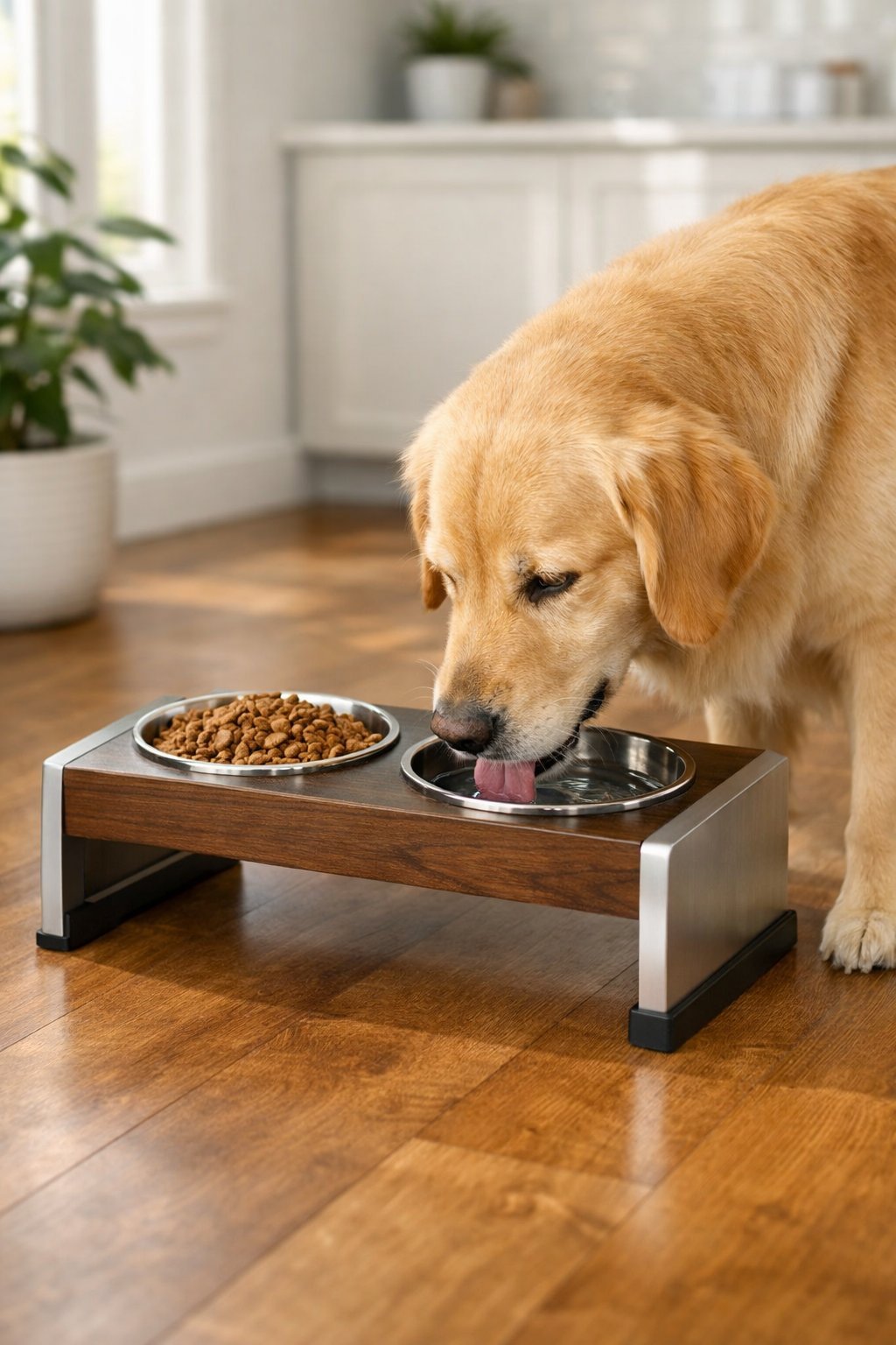 A dog drinking water from an elevated dog bowl holder on a clean hardwood floor in a bright, tidy room.