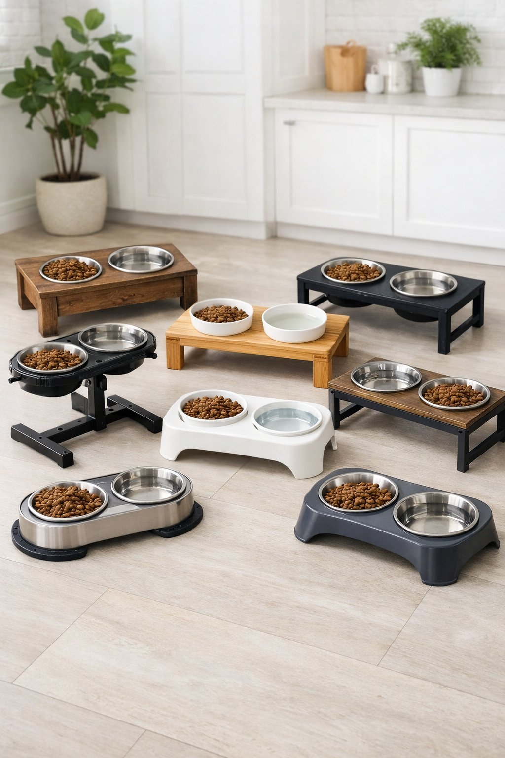 Several different dog bowl holders with food and water bowls arranged on a clean kitchen floor in a bright kitchen.