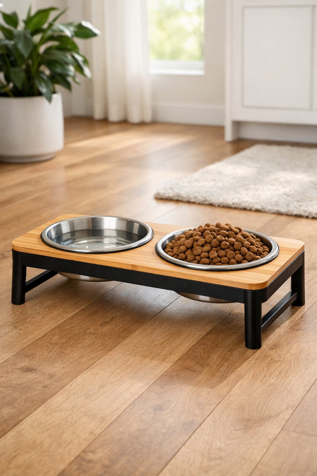 A clean and modern dog bowl holder with two bowls on a hardwood floor in a bright kitchen, surrounded by minimal home decor.