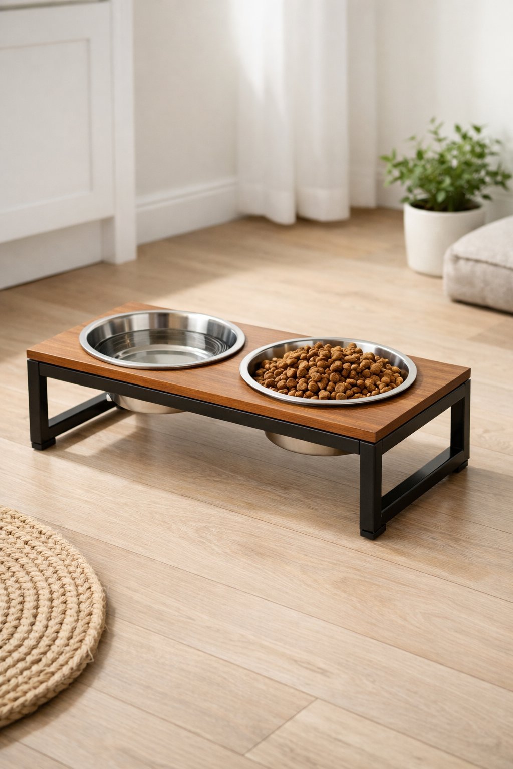 A clean, modern dog bowl holder with stainless steel bowls in a tidy home setting.