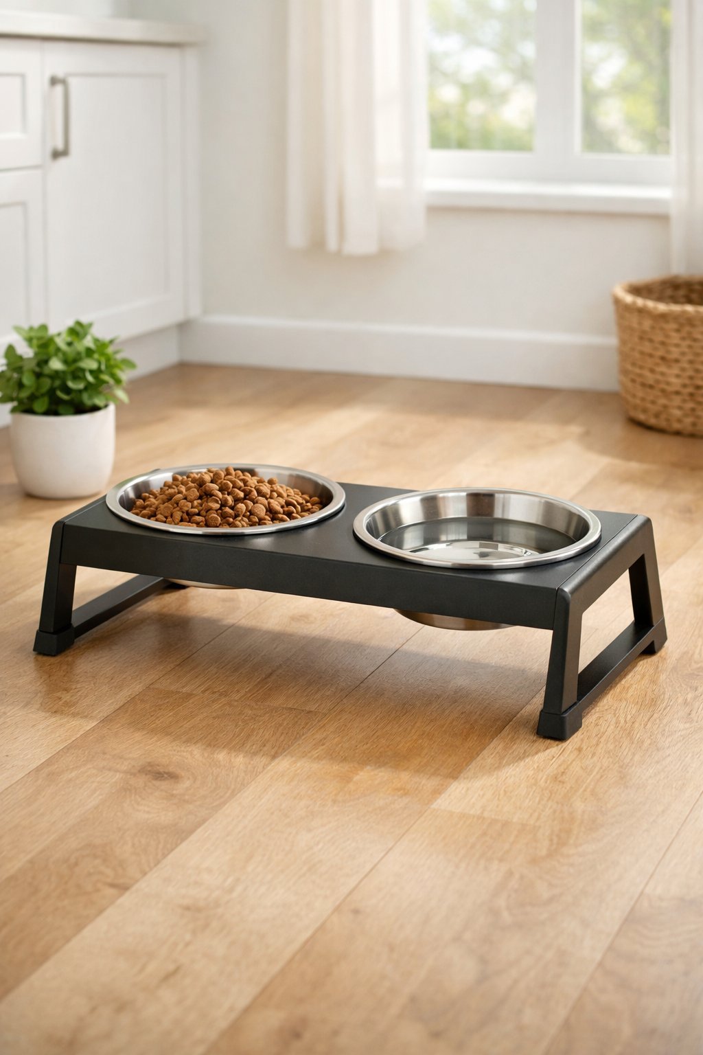 A dog bowl holder with two stainless steel bowls on a clean hardwood floor in a bright kitchen with sunlight and a small potted plant nearby.