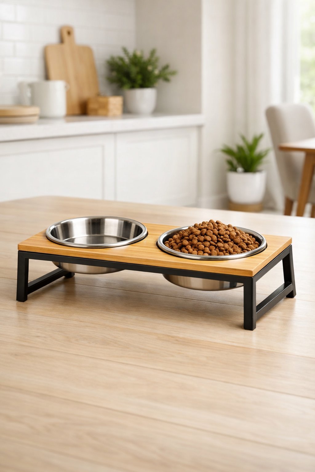 A clean kitchen floor with a modern elevated dog bowl holder containing two stainless steel bowls, surrounded by a tidy and bright home interior.