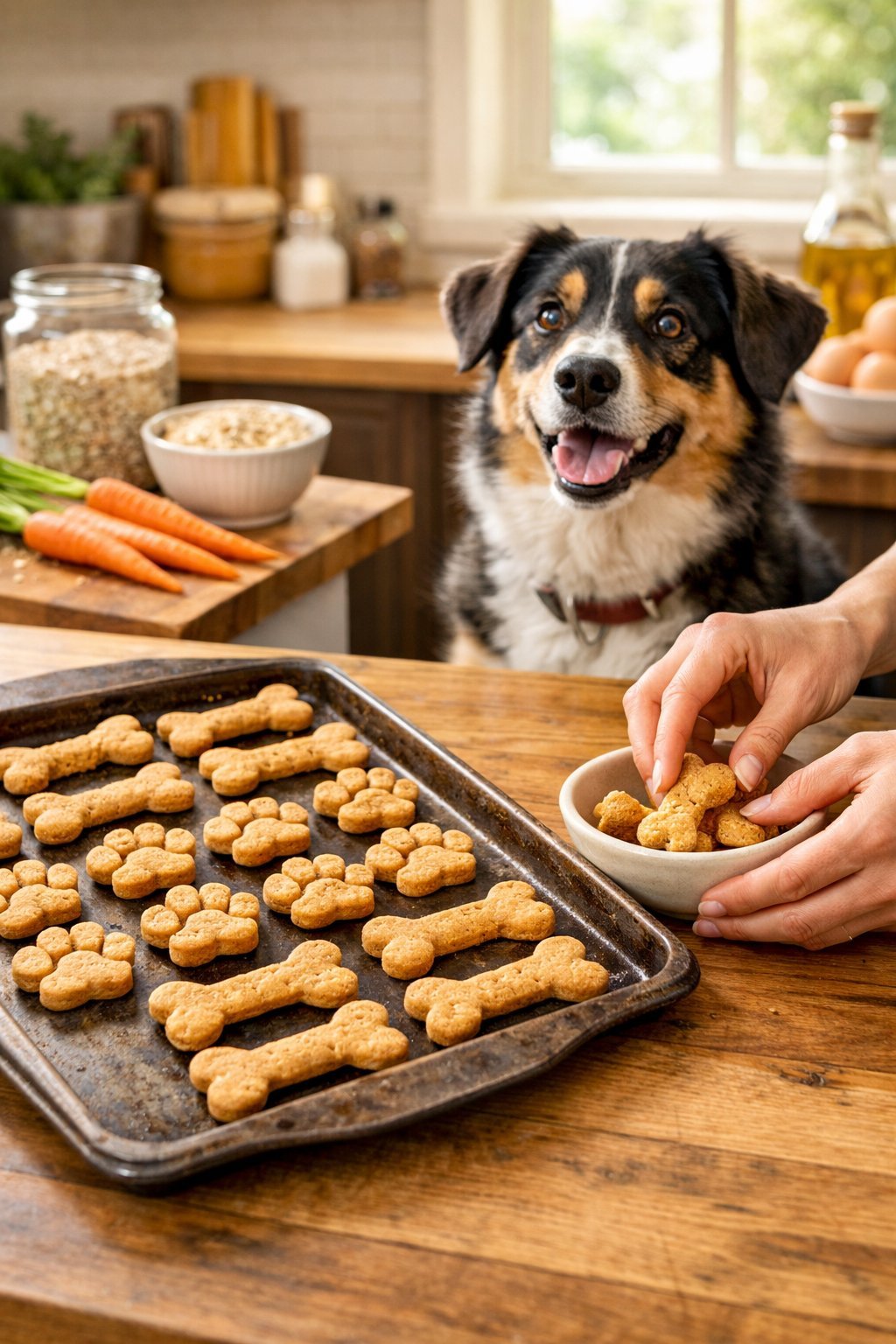 A happy dog sitting by a kitchen counter with homemade dog treats on a baking tray and a person placing a treat into a bowl.