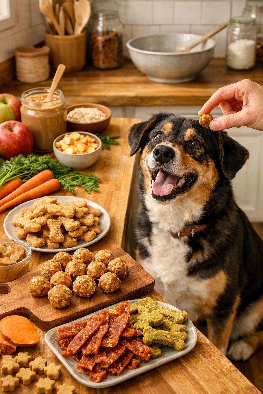 A dog sitting in a kitchen looking at a person offering a homemade dog snack on a wooden countertop with fresh ingredients nearby.