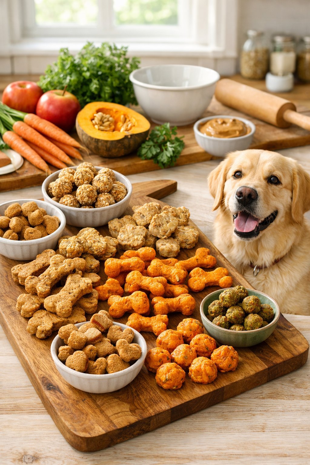 A happy dog sitting near a wooden board filled with various homemade dog snacks and fresh ingredients in a bright kitchen.