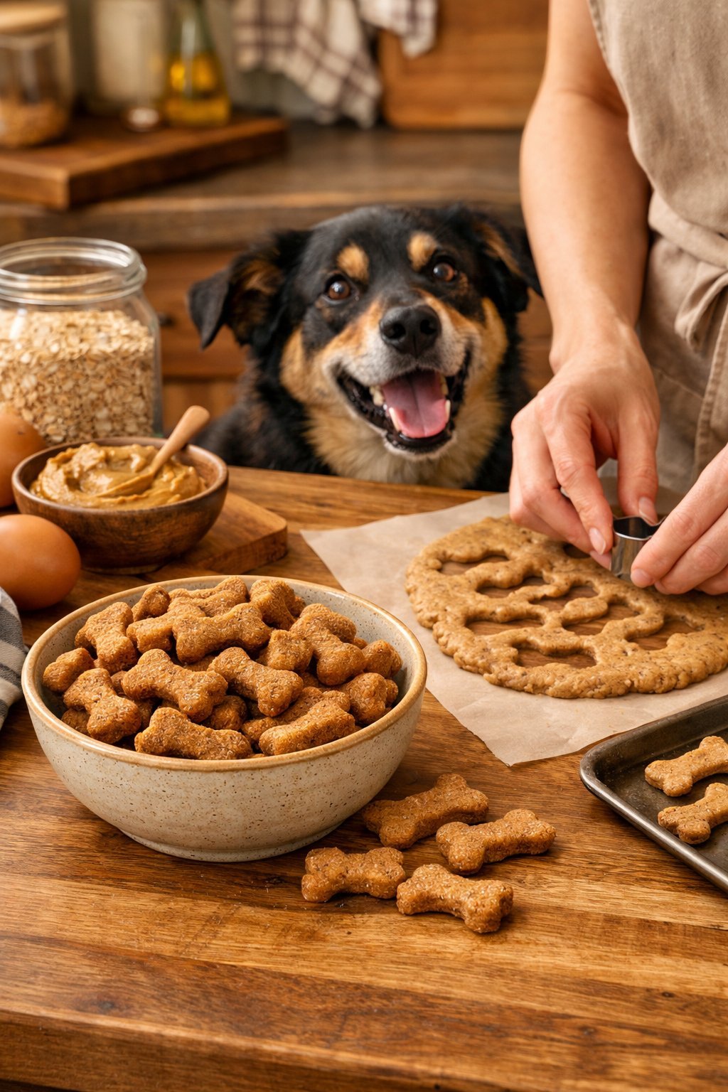 A person preparing soft homemade dog treats on a kitchen counter while a happy dog watches eagerly nearby.