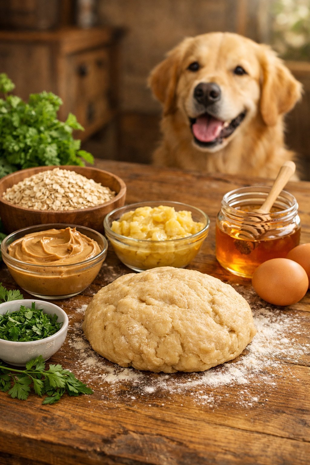A wooden table with ingredients like oats, peanut butter, bananas, honey, eggs, and herbs for making dog treats, with a golden retriever watching in the background.