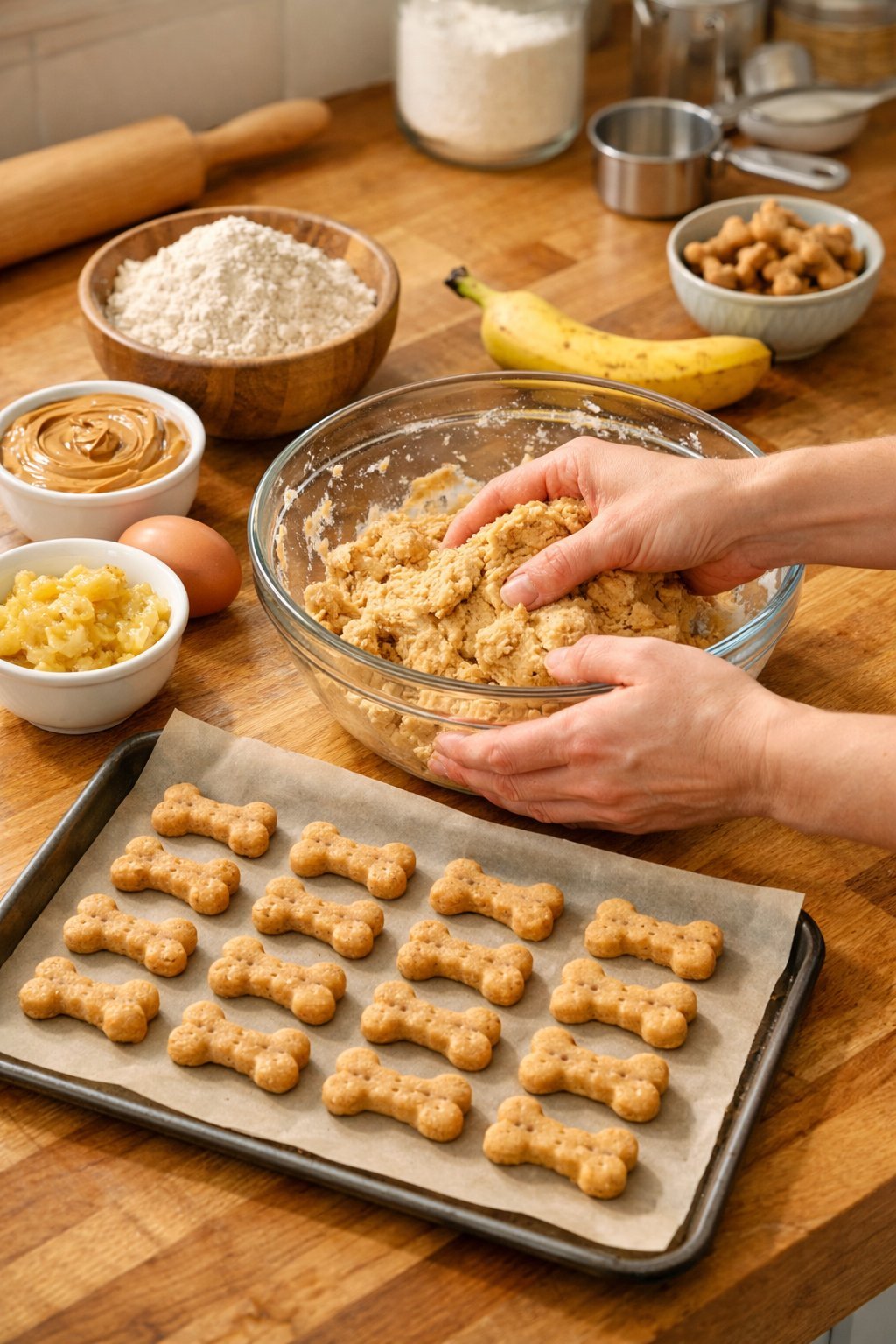 Hands mixing dough for homemade soft dog treats on a wooden countertop with ingredients and a baking tray nearby.