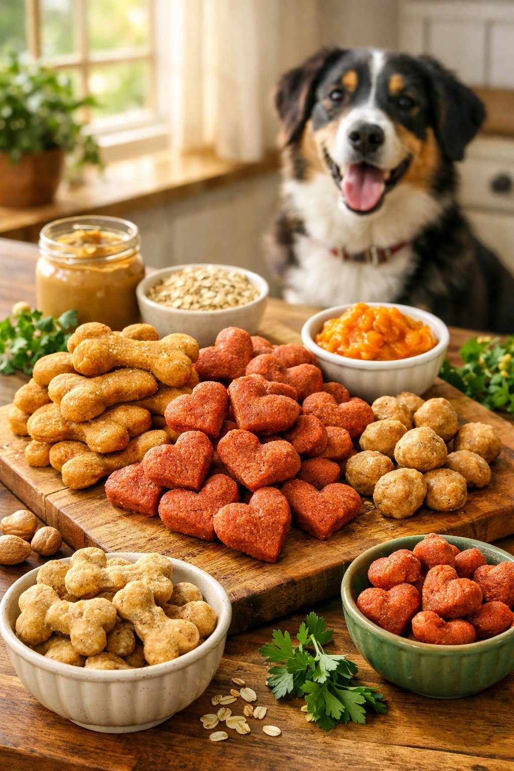A happy dog looks at a wooden board with soft homemade dog treats and natural ingredients in a cozy kitchen.