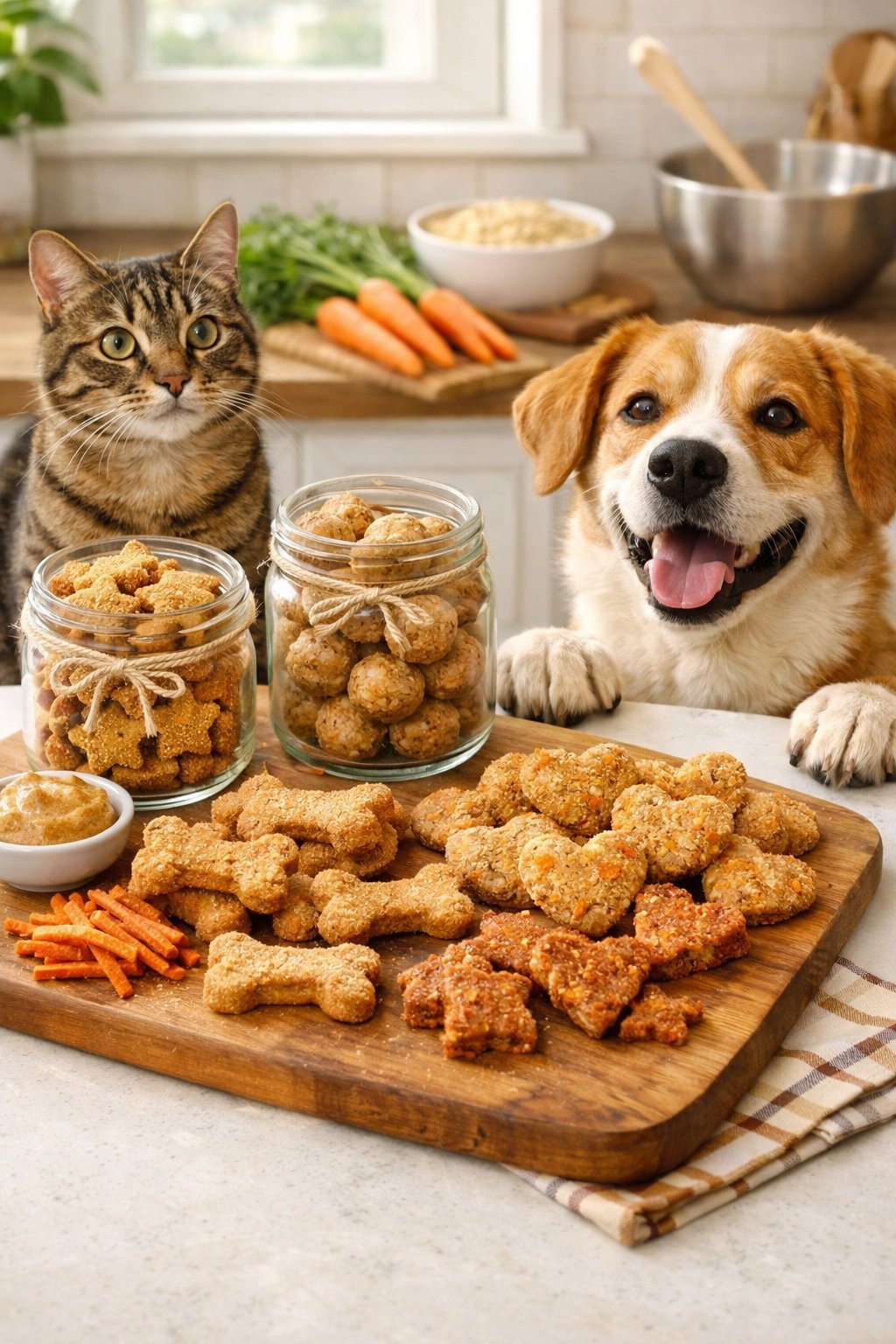 A dog and a cat eagerly wait by a kitchen counter with homemade pet treats on a wooden board and in jars.