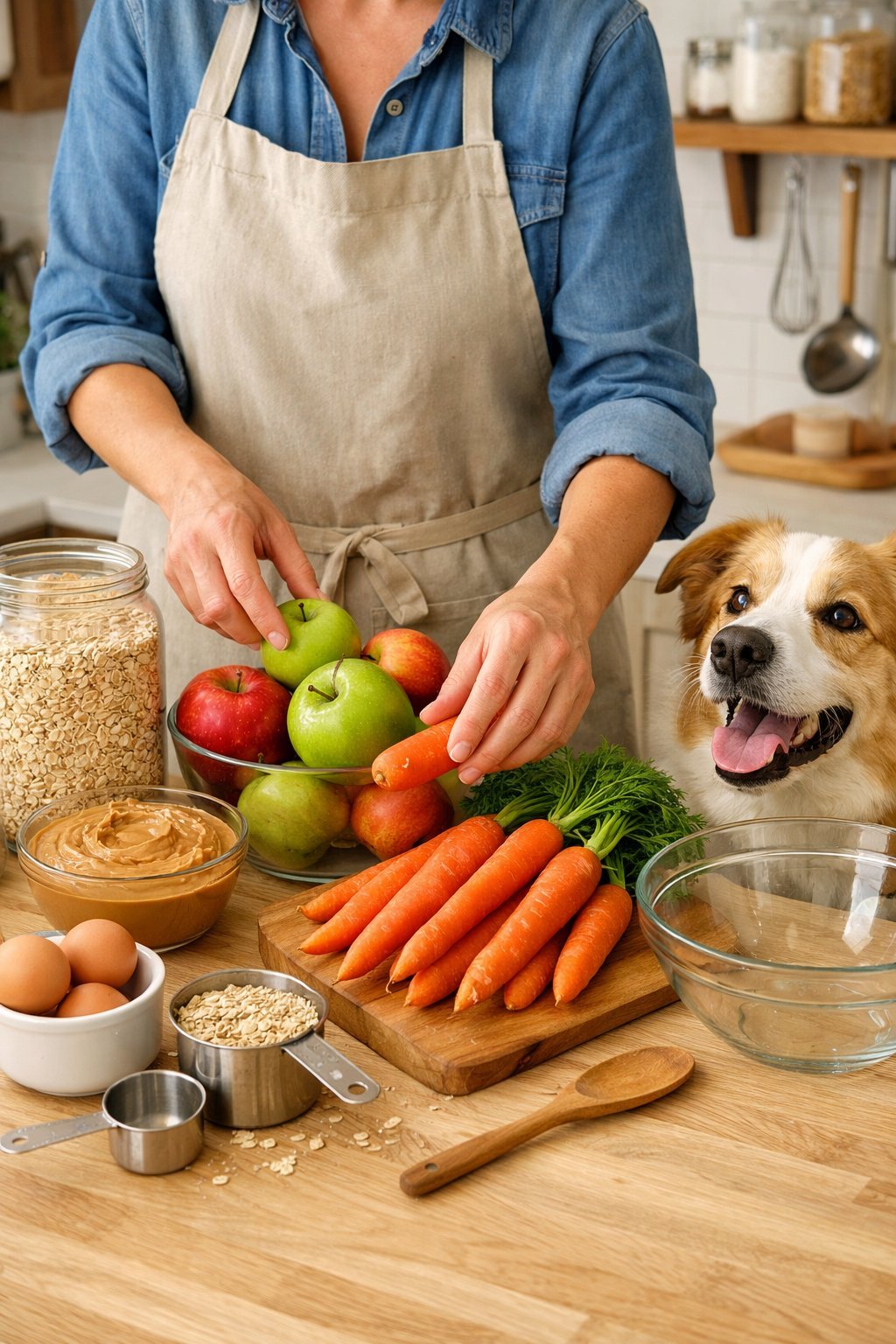 Person preparing fresh ingredients on a kitchen counter with a dog watching nearby.