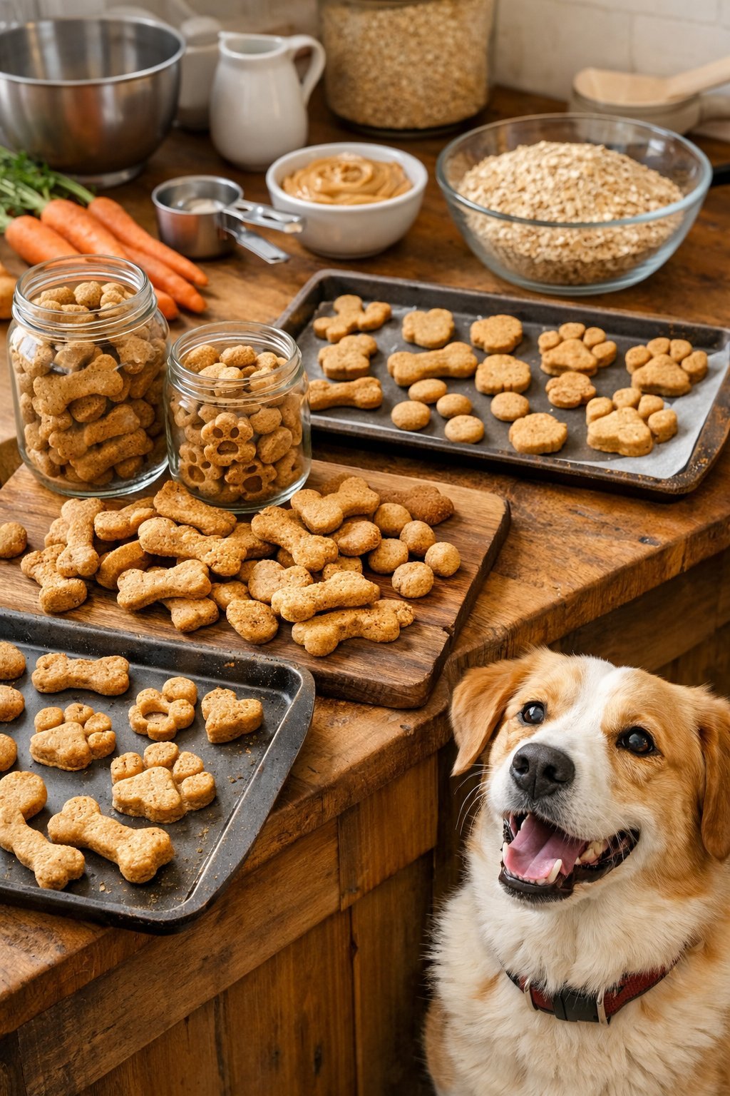 A dog looking eagerly at a variety of homemade pet treats arranged on a kitchen countertop with baking tools and ingredients nearby.