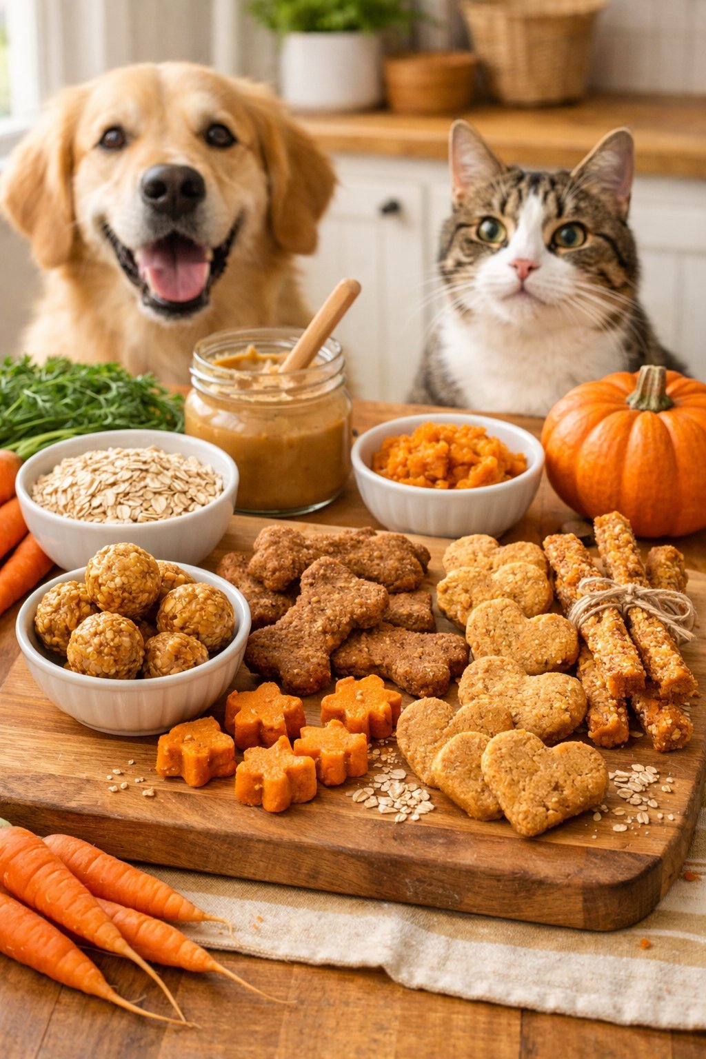 A kitchen scene with homemade pet treats on a wooden board surrounded by fresh ingredients, with a dog and cat eagerly looking at the treats.