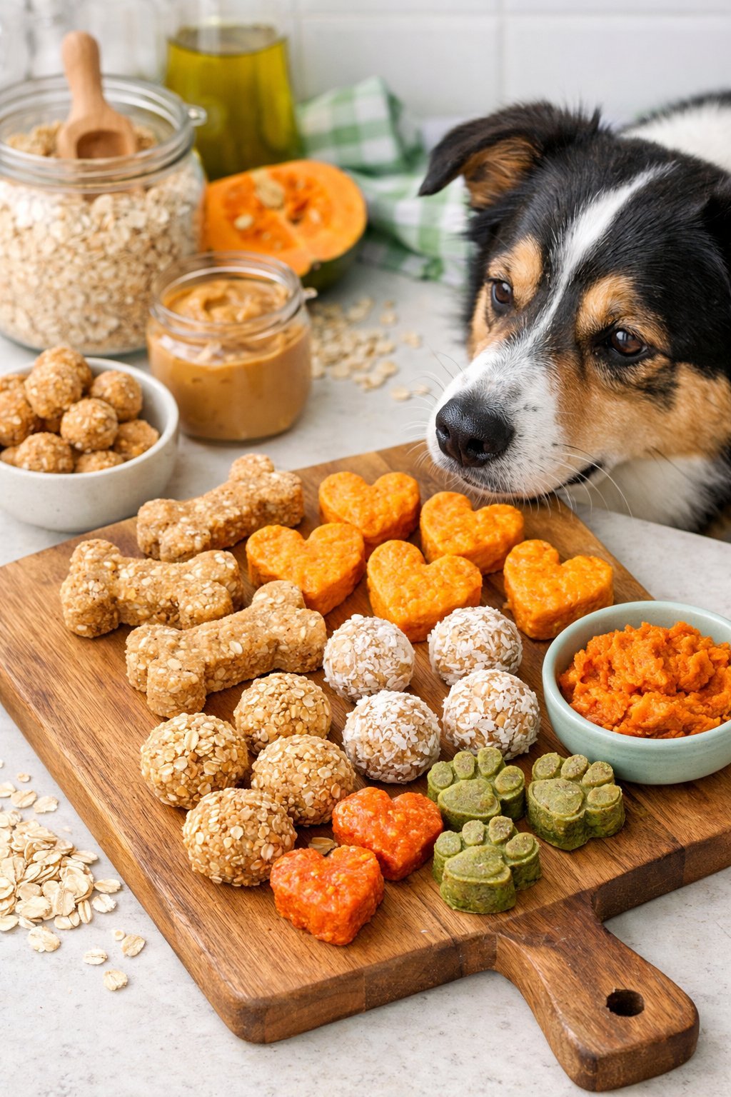 A happy dog looking at homemade no bake dog treats arranged on a wooden board in a kitchen with fresh ingredients nearby.