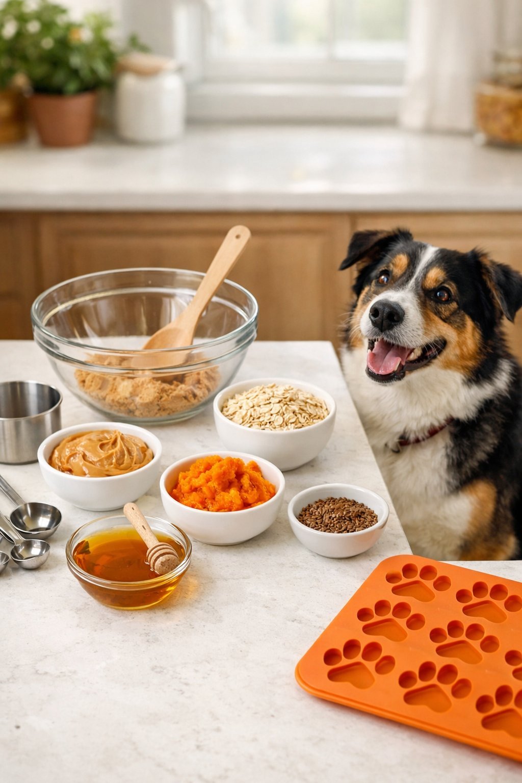 A kitchen countertop with bowls of natural ingredients and supplies for making no bake dog treats, with a dog watching nearby.
