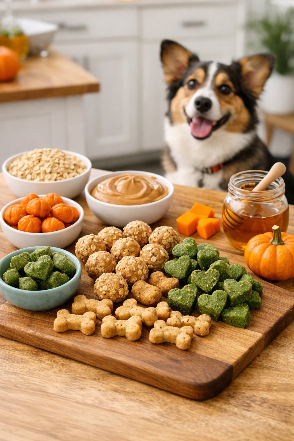 A kitchen counter with homemade no bake dog treats on a wooden board, fresh ingredients nearby, and a dog watching eagerly.