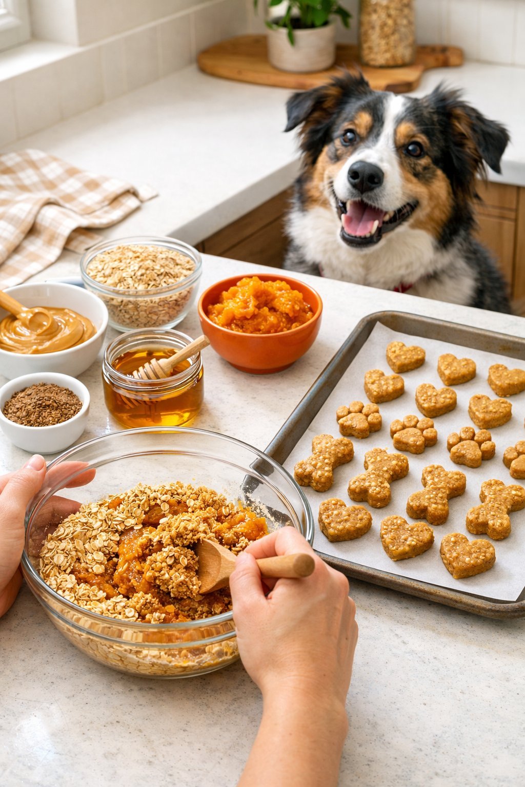 A person mixing ingredients for no-bake dog treats on a kitchen countertop while a dog watches nearby.