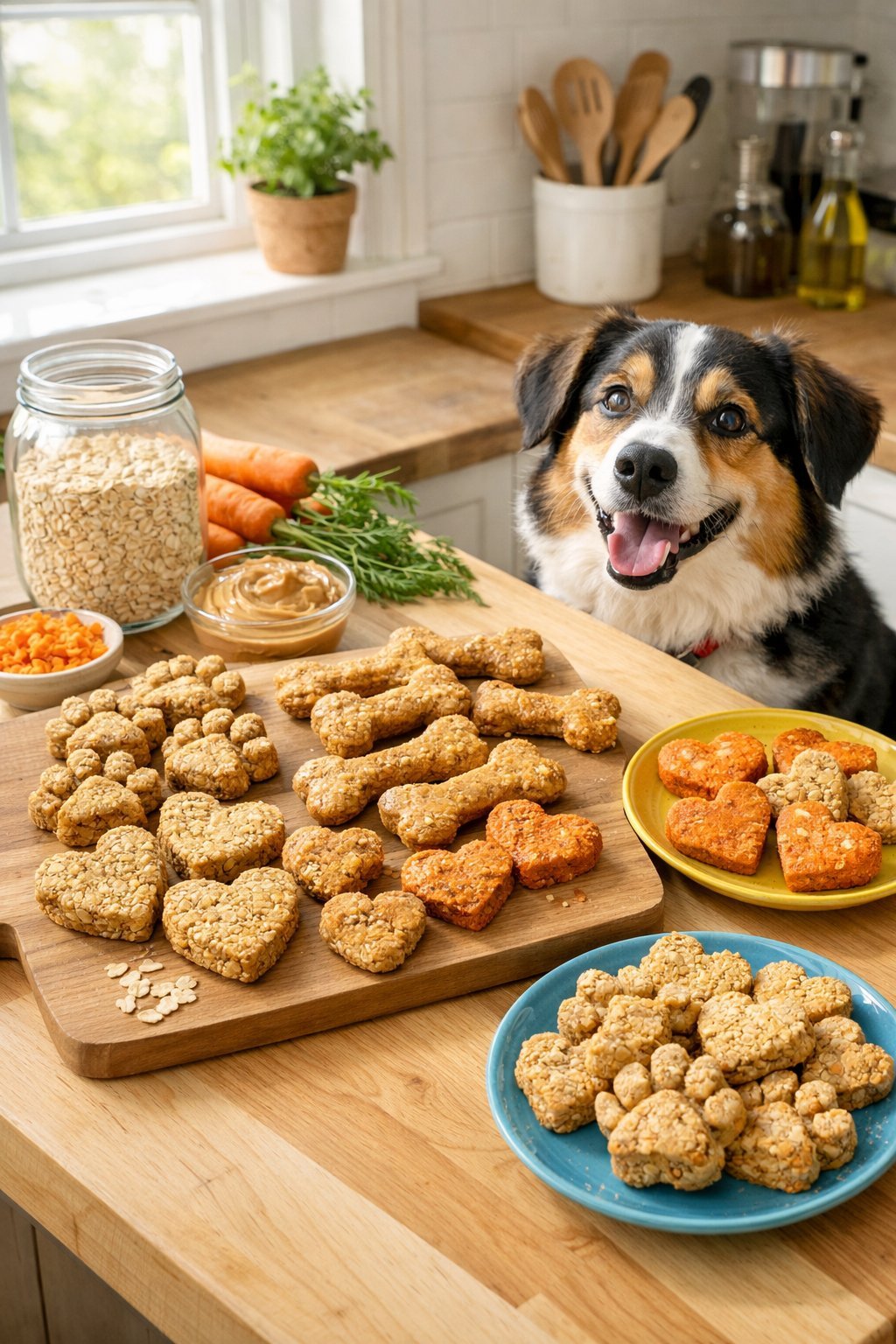 A dog watches homemade pet treats shaped like bones and hearts arranged on a kitchen counter with natural ingredients nearby.