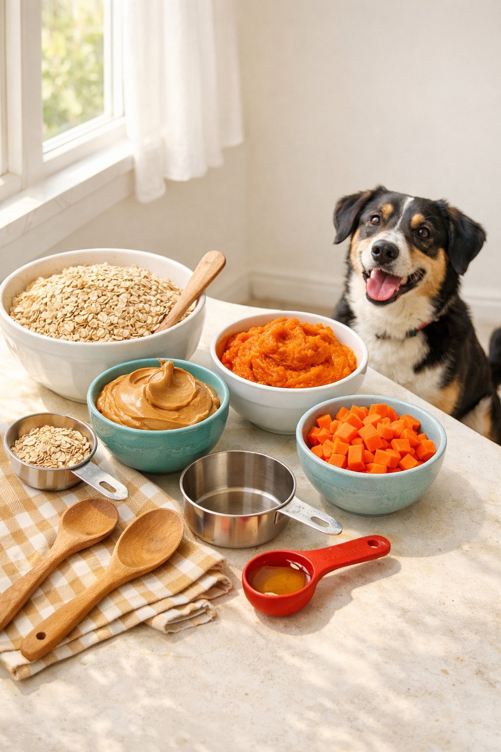 A kitchen countertop with bowls of natural ingredients for pet treats and a happy dog watching nearby.