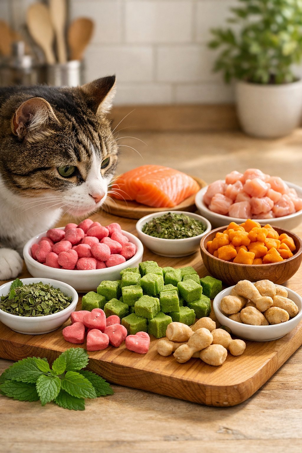 A happy cat looking at homemade cat treats and fresh ingredients arranged on a kitchen countertop.
