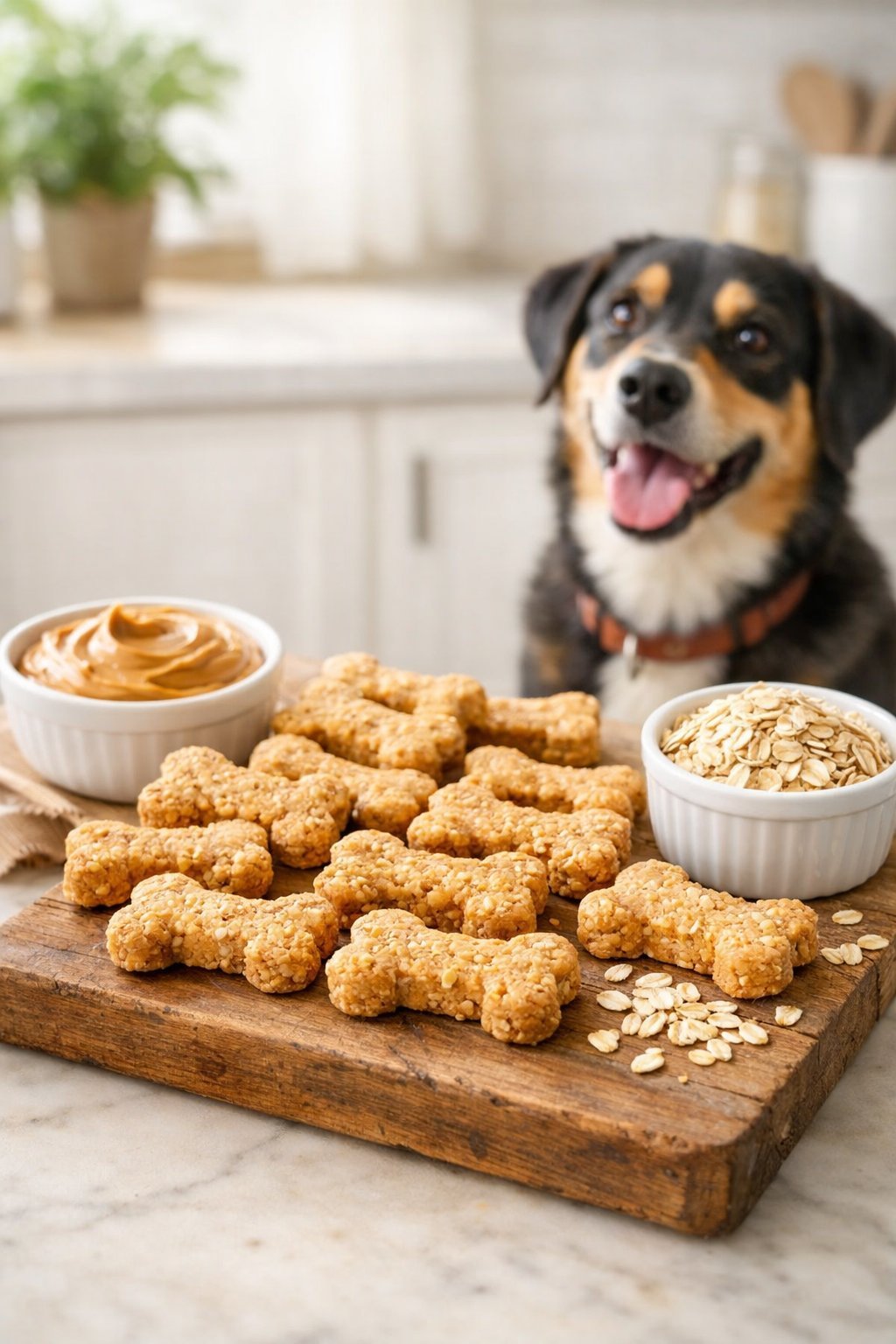 A dog looking eagerly at homemade dog treats on a wooden board with simple ingredients nearby in a bright kitchen.