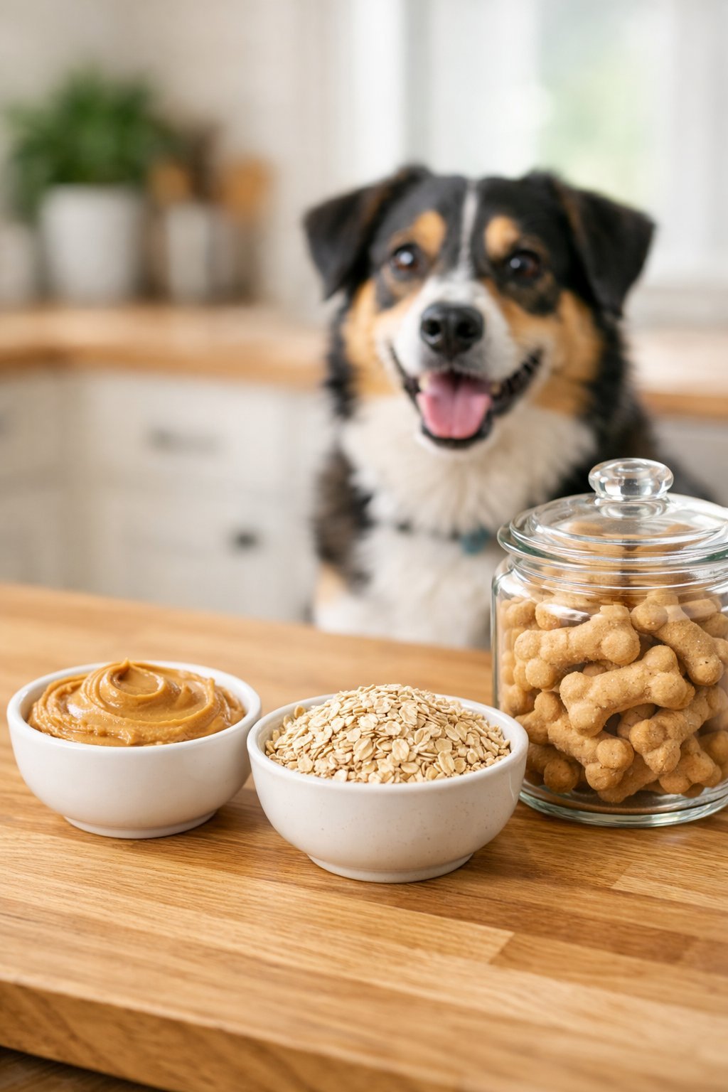 Two bowls with peanut butter and rolled oats on a wooden table next to a jar of dog treats, with a happy dog looking on.