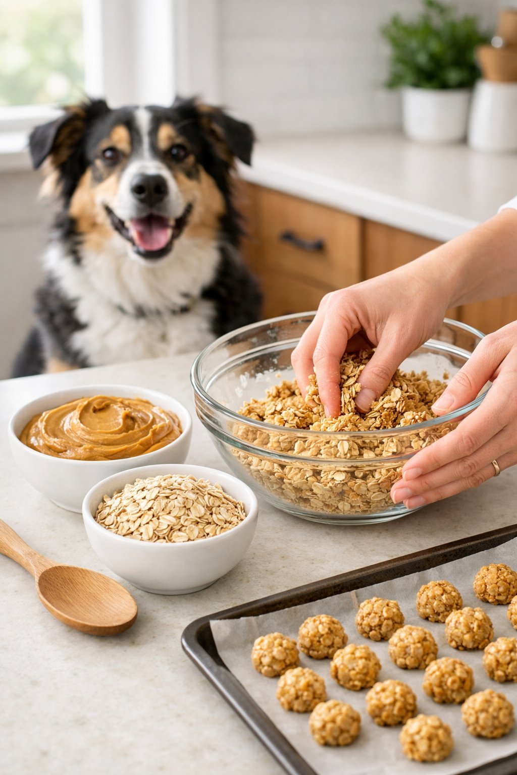 Hands mixing peanut butter and oats in a bowl on a kitchen countertop with a dog watching nearby.
