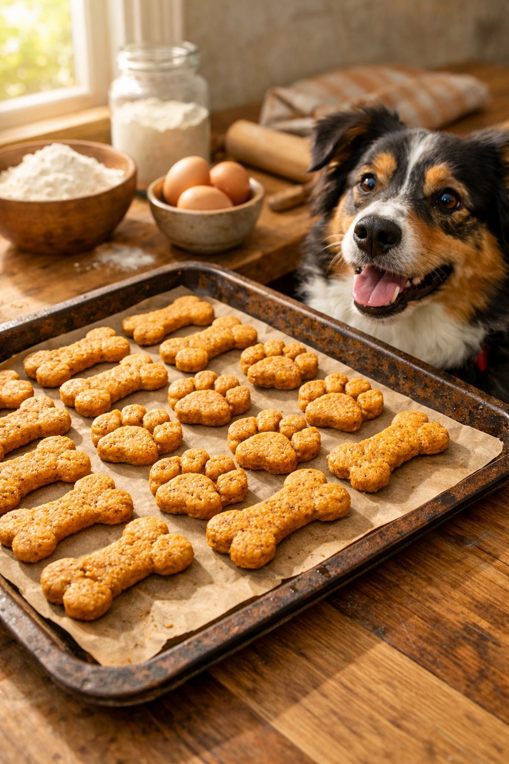 A happy dog watches freshly baked golden dog biscuits on a wooden countertop in a cozy kitchen.