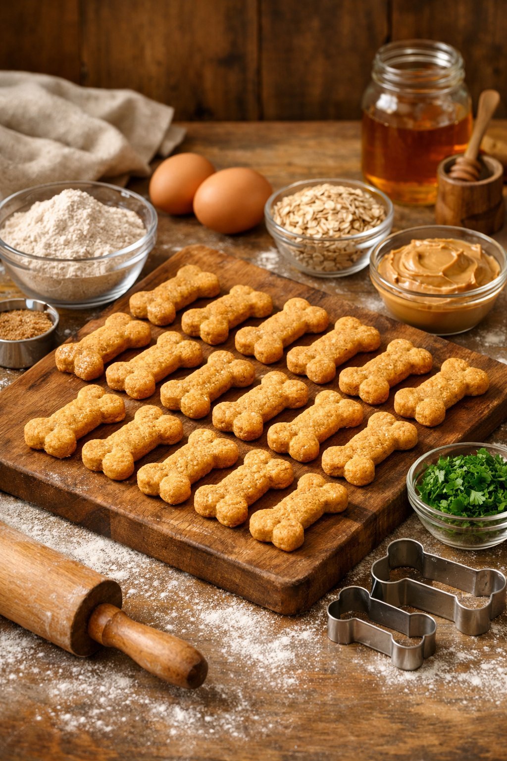 Freshly baked dog biscuits on a wooden board surrounded by ingredients like flour, eggs, peanut butter, and parsley on a kitchen countertop.