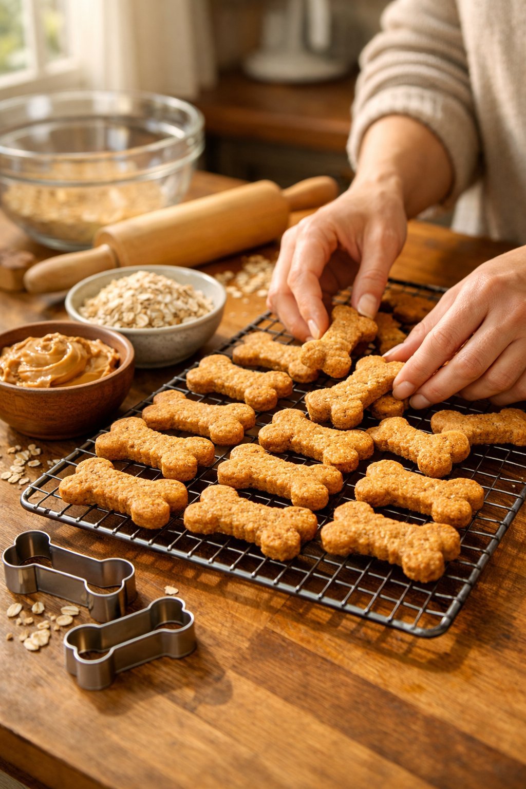 A kitchen countertop with freshly baked golden dog biscuits cooling on a wire rack, surrounded by baking ingredients and tools, with hands arranging the biscuits.