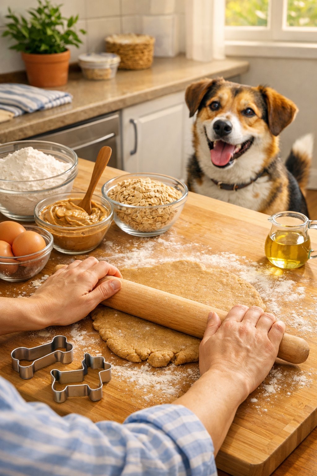 Person making dog biscuits in a kitchen while a happy dog watches eagerly.