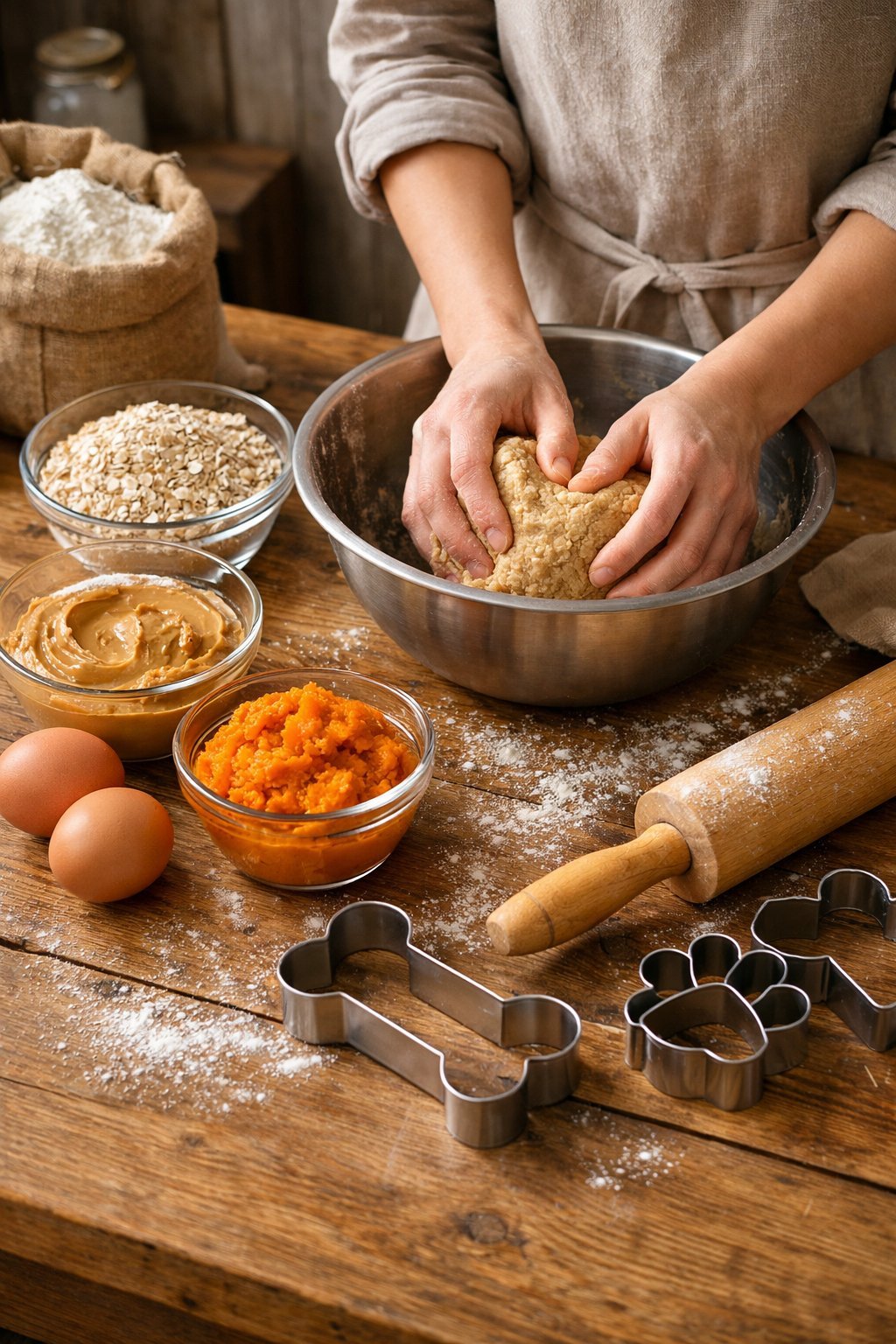 A kitchen table with ingredients and tools for making homemade dog biscuits, including flour, peanut butter, eggs, cookie cutters, and dough being prepared.