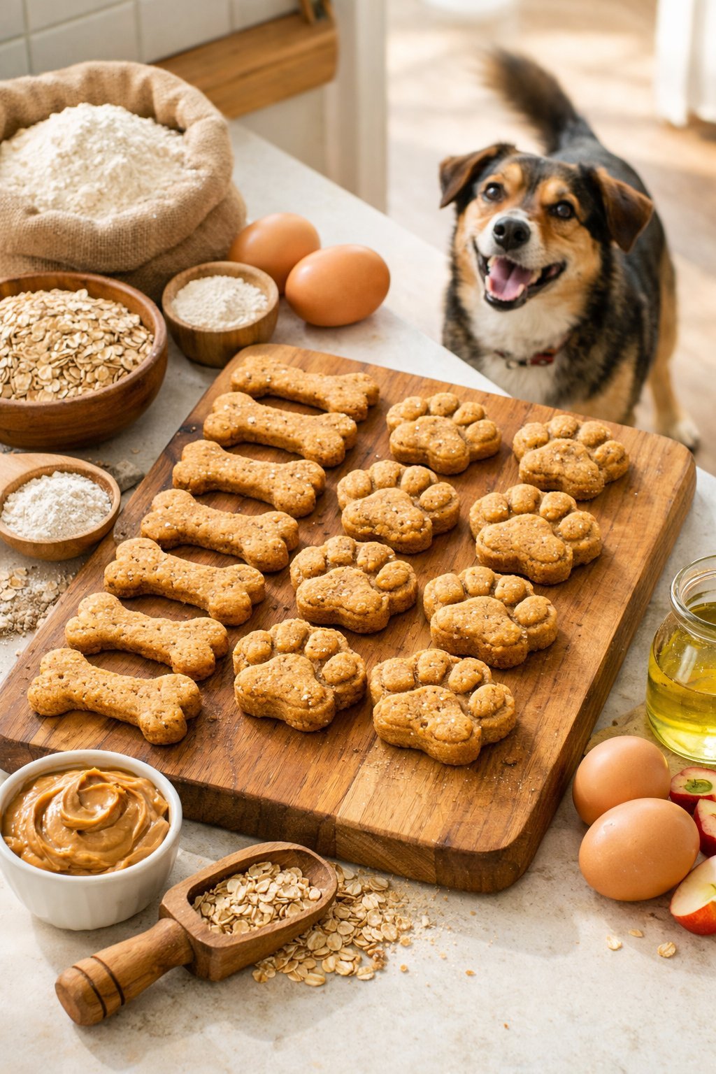 Freshly baked dog biscuits on a wooden board with natural ingredients nearby and a happy dog looking up eagerly in a kitchen.