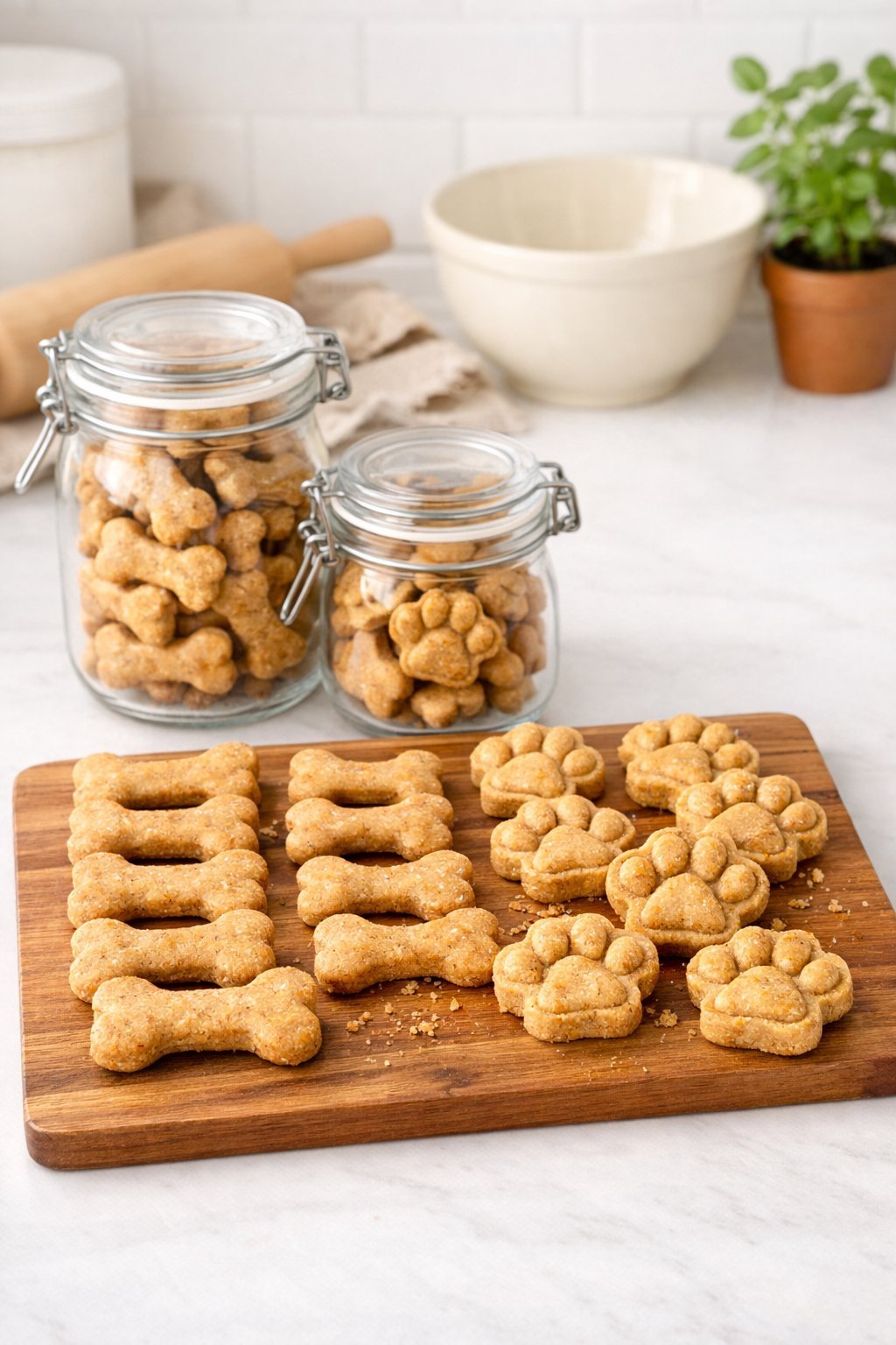 Freshly baked homemade dog biscuits on a wooden board with glass jars of biscuits on a kitchen countertop.