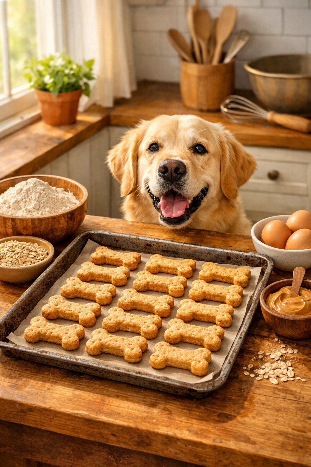 Freshly baked homemade dog biscuits on a wooden tray with natural ingredients nearby and a happy dog looking at them in a kitchen.