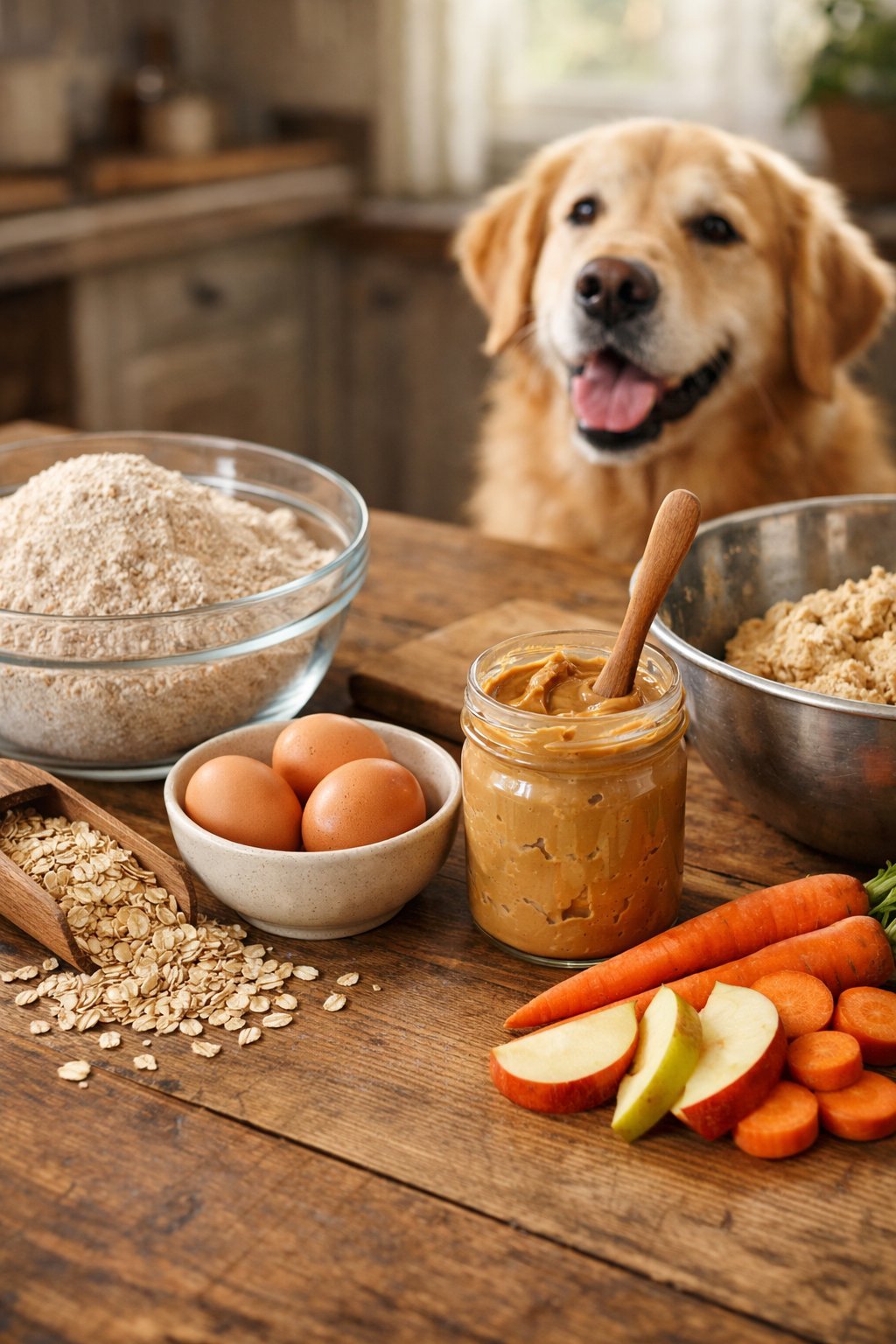 A wooden kitchen table with ingredients for homemade dog biscuits and a golden retriever looking on.